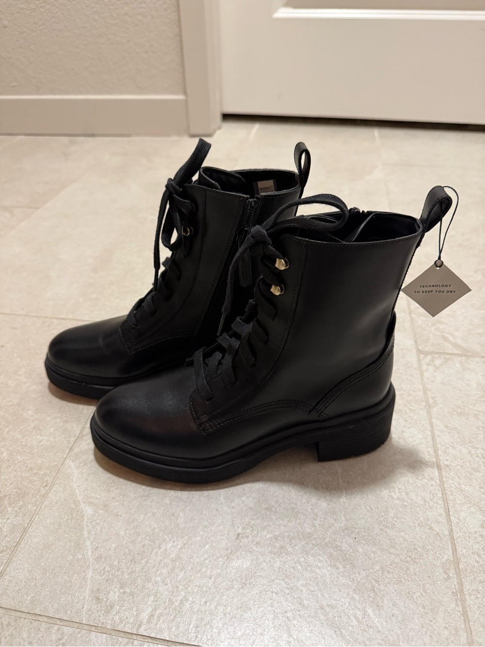 Cole Haan Black Leather Lace-Up Combat Boots